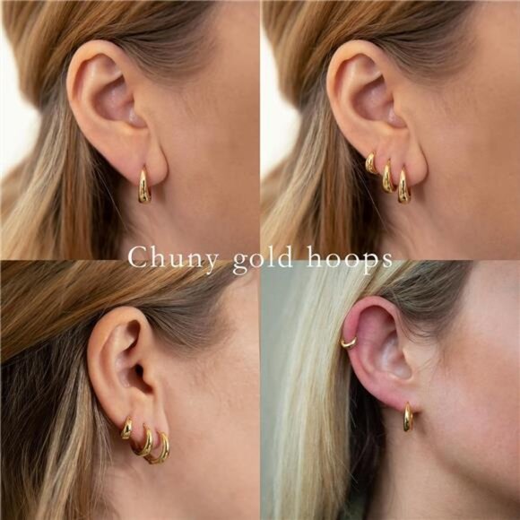 Small Gold Hoop Earrings Set, 14K Gold Plated Chunky Huggies, Hypoallergenic - Picture 5 of 7